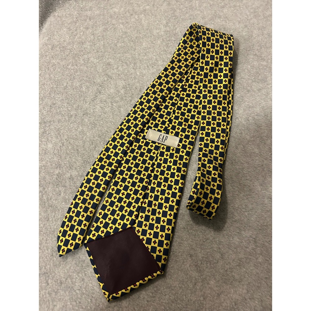 Gap Mens Vintage Silk Tie Yellow Navy Blue Geometric Floral Checkerboard USA